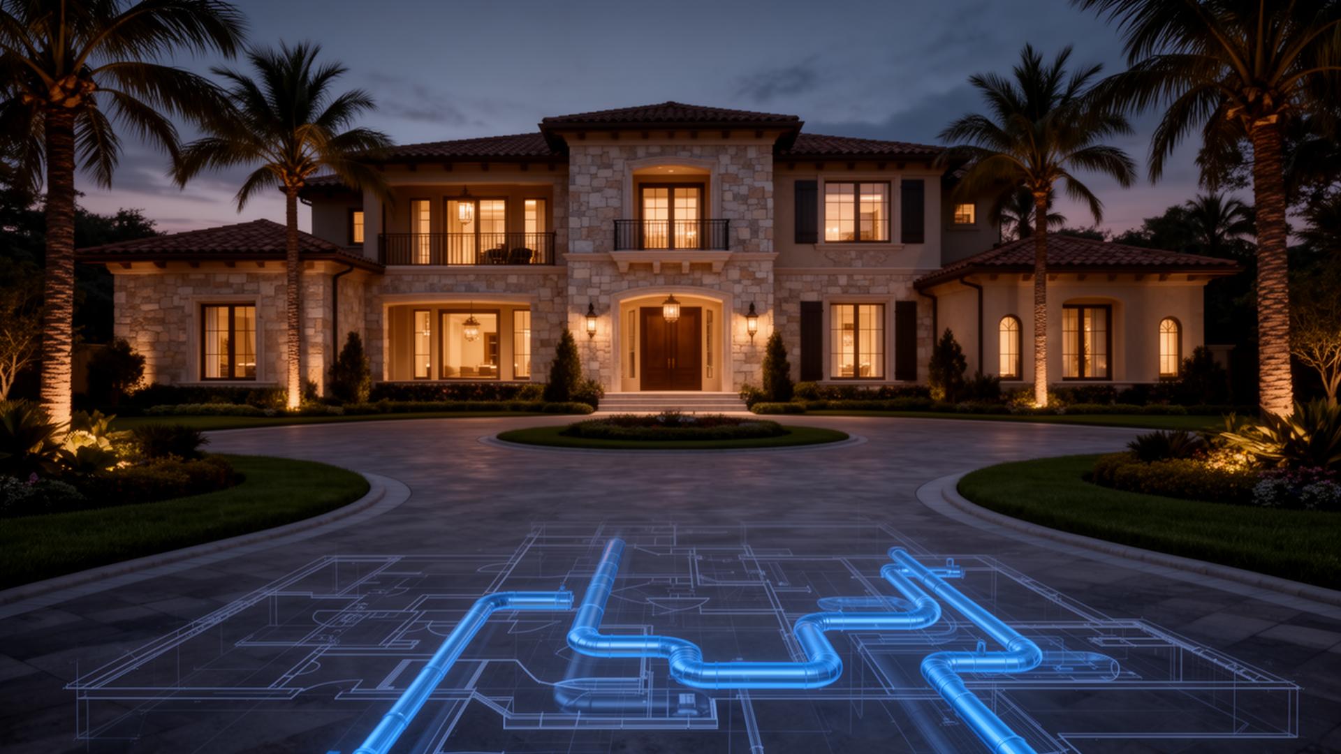 Luxury custom residential estate with subtle HVAC design overlay