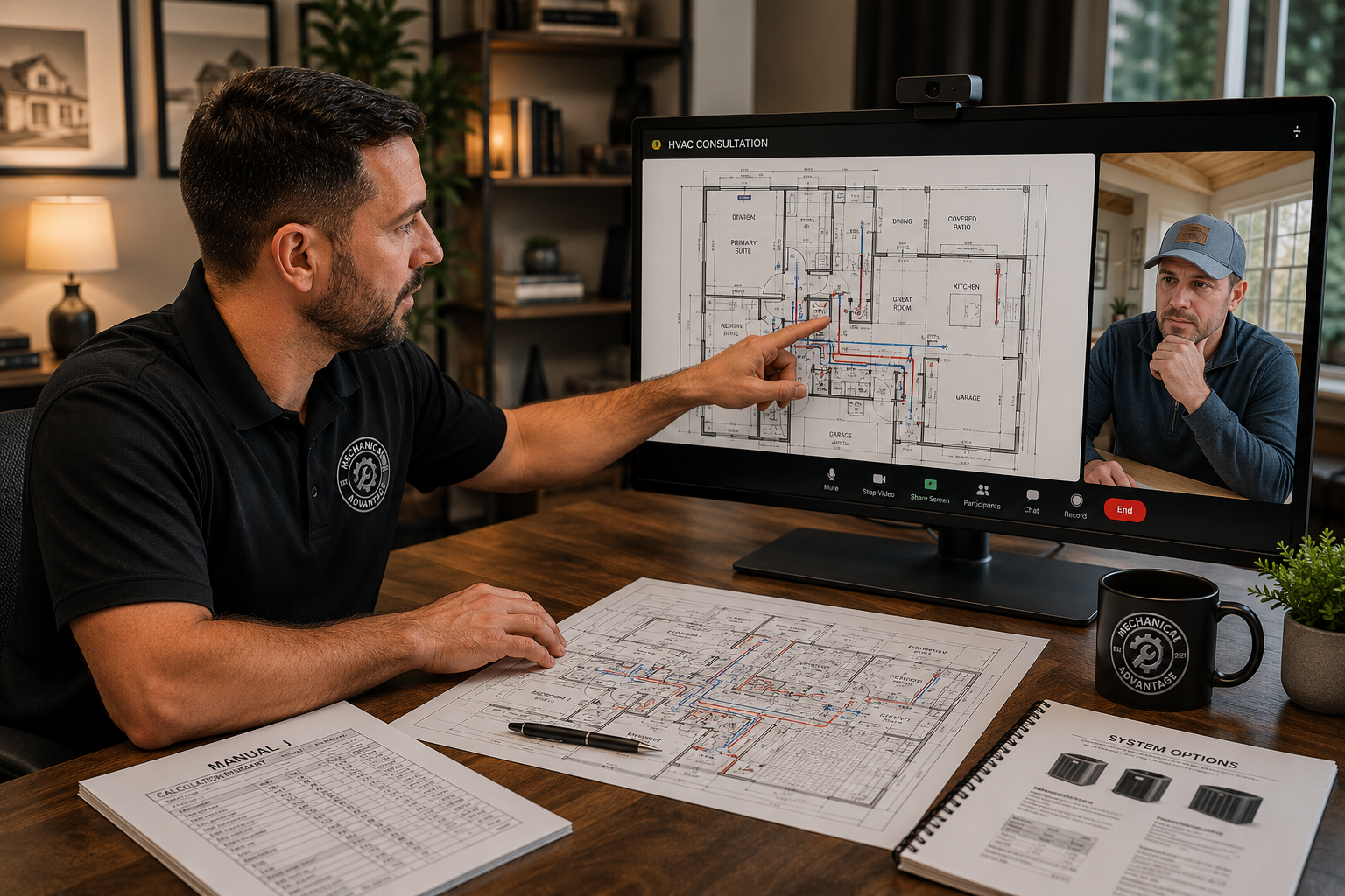 HVAC professional reviewing floor plan and duct layout on a virtual consultation